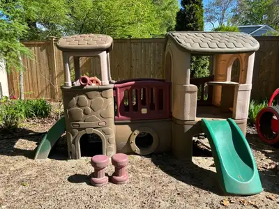 Clubhouse Climber for kids 2 to 6 years. With a bridge and crawl-through tunnel, a fold-out table, t...
