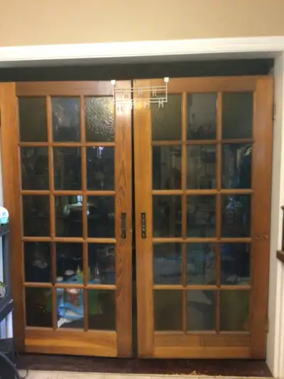 Solid Oak French Doors with textured Amber Glass, View more