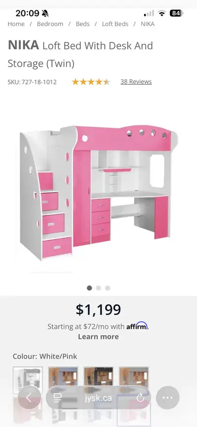 JYSK NIKA Twin Loft Bed with Desk and Storage – Pink/White, View more