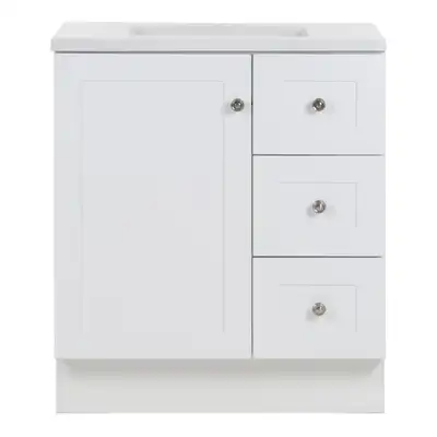30” White Bathroom Vanity, Cultured Marble Top – BOXED NEW, View more