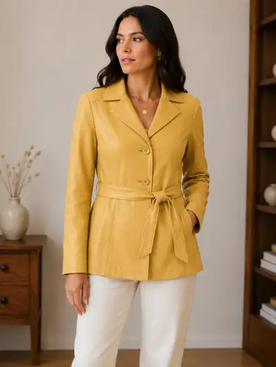 Women’s Honey Leather Belted Jacket – Size Medium , View more