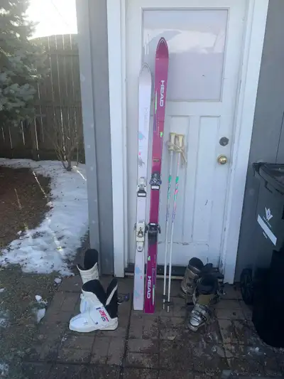 Skis, ski pols, goggles and helmet, View more