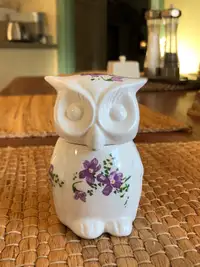 Vintage Small Porcelain White Owl Jar With Purple Floral Motif