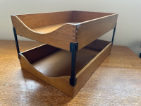 MCM Oak Dovetailed Wood and Metal Double Letter Tray