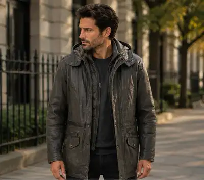 Men’s Hooded Leather Coat – Distressed Charcoal XL, View more