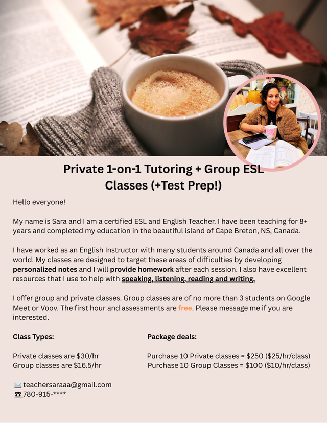 ✴︎Online 1-on-1 Tutoring + Group ESL Classes (Test Prep!)✴︎64667464697090123