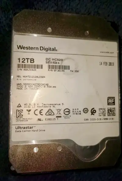 Western Digital 12TB Ultrastar DC HC520 SATA HDD - 7200 RPM Class, SATA 6 Gb/s, 256MB Cache, 3.5" Li...
