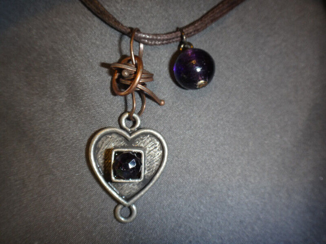 Brown Double Rope Necklace with Heart and Purple Bead Pendants in Jewellery & Watches in Thunder Bay - Image 2