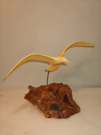Vintage John Perry pellucid seagull on burl wood sculpture, View more