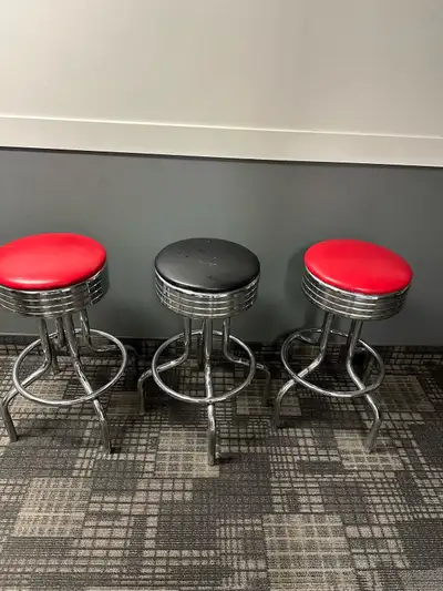 3 50's Designer Bar Stools (2 Red and 1 Black)., View more