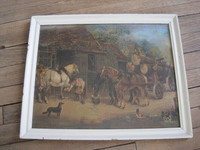 Vintage Print of Horses Outside Old Stable