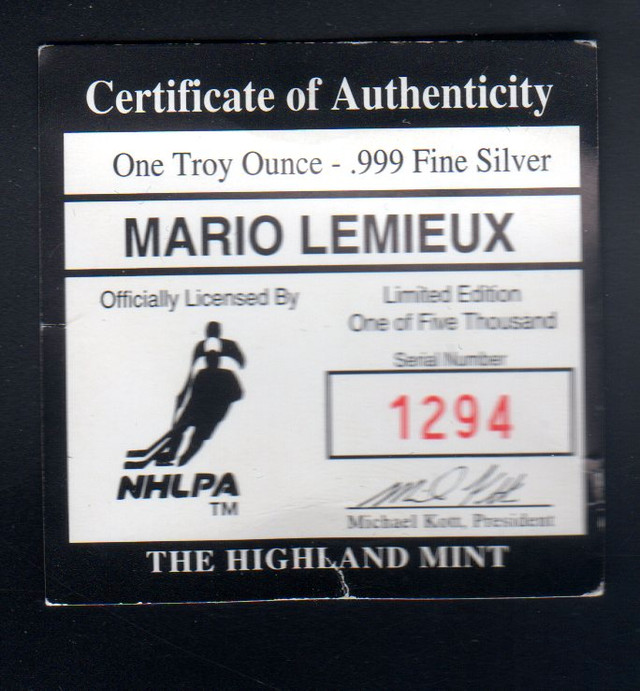 Mario Lemieux 1 Ounce .999 fine Silver Sport Round Highland Mint dans Art et objets de collection  à Thetford Mines - Image 2