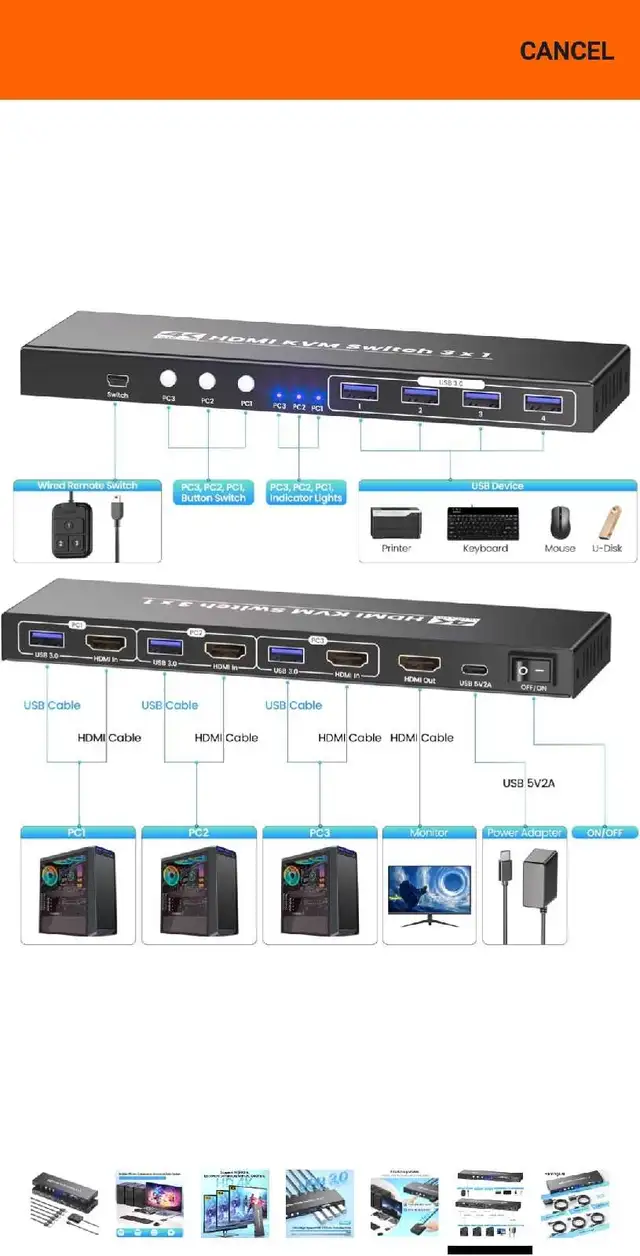 HDMI KVM Switch 1 Monitor 3 Computers, 4K60Hz 3 Port HDMI KVM Sw in Cables & Connectors in Markham / York Region - Image 7