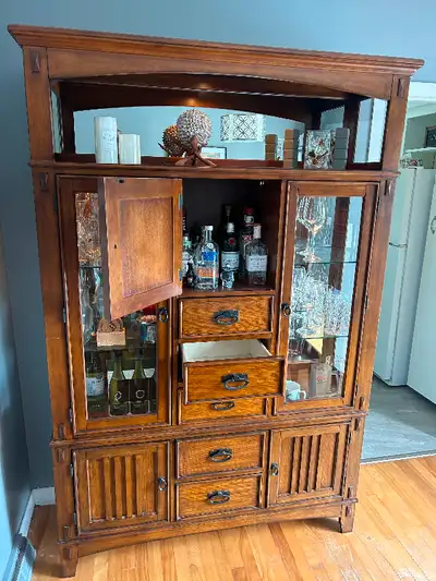 Cherry Wood Armoire : Featuring two side large glass doors, five centre drawers, two lower cabinet d...