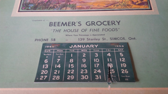 1946 Calendar: Beemer's Grocery, House of Fine Foods, Simcoe in Arts & Collectibles in Stratford - Image 2