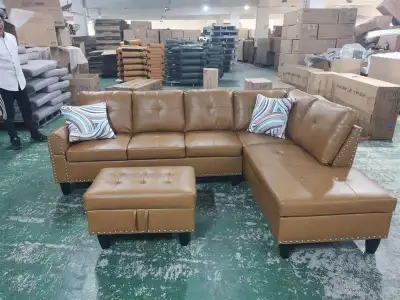 Tan Faux Leather Sectional Sofa with Storage Ottoman, View more