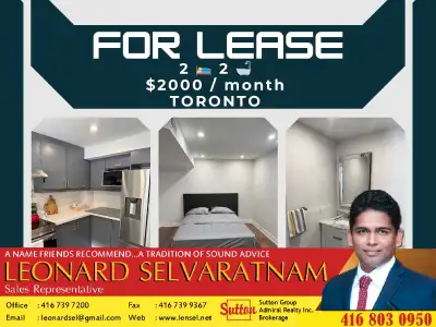 For Lease in Scarborough – $2,000/MonthFully Renovated 2 Bed, 2