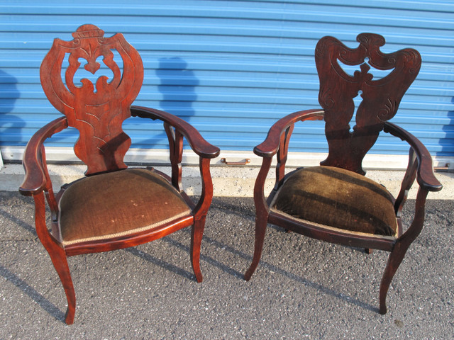 Pair antique mahogany fiddleback upholstered parlour armchairs in Chairs & Recliners in Ottawa