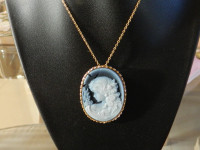 14k Blue Agate Cameo Lady Brooch and Pendant