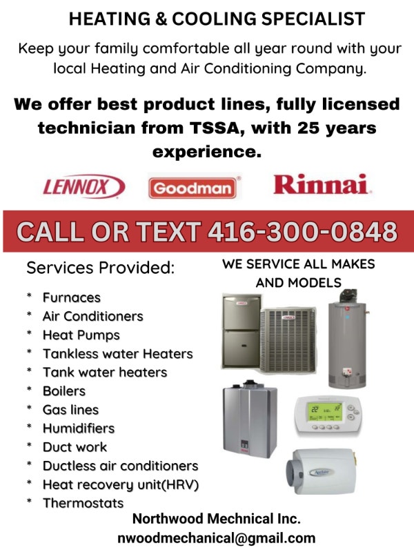 Air Conditioner, Furnace, Ductless system, Tankless, Rinnai/HAM