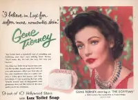 Large 1954 vintage, half-page ad for Lux Soap with Gene Tierney
