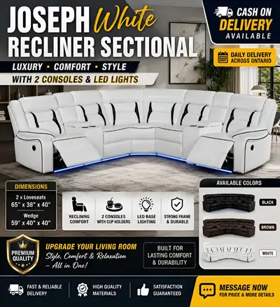 L-Shape Recliner Sofa | White Leather | Daily Delivery Available, View more