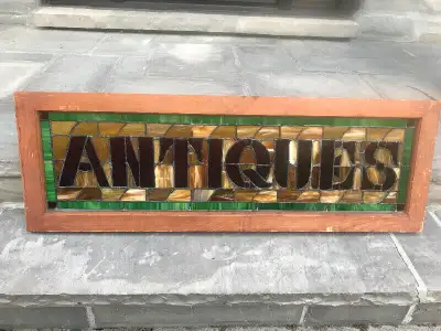 VINTAGE "ANTIQUES" STAINED GLASS WINDOW SIGN COPPER LEAD, View more