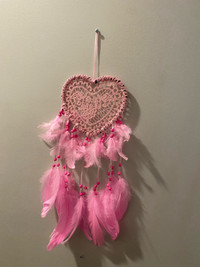 Pink Heart shaped dream catcher with feathers. Valentines 