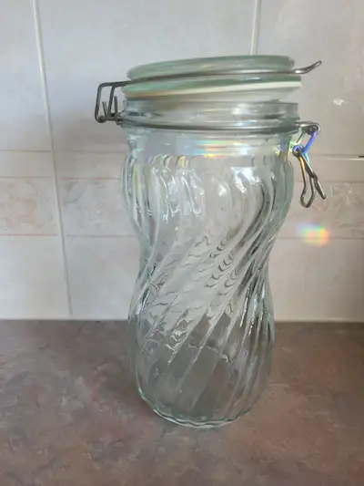 Vintage glass canister jar with hinged rubber lid, View more