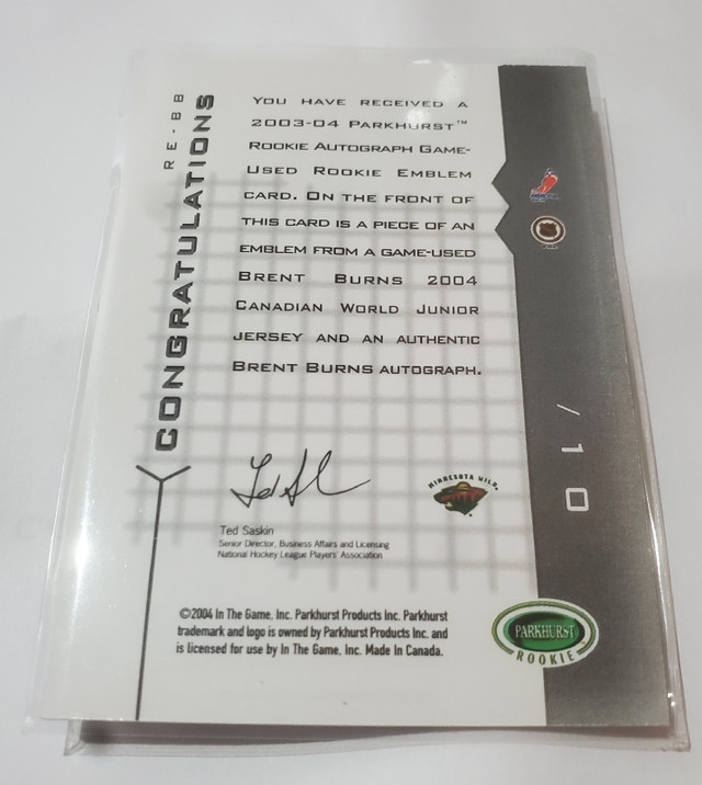 2003-04 Parkhurst BRENT BURNS RC Minnesota Wild Auto Patch RPA in Arts & Collectibles in Kawartha Lakes - Image 2