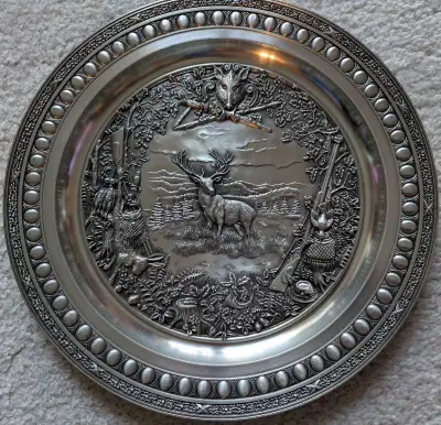 Vintage 1950s WMF Zinn Pewter Hunting Scene Wall Plate. Plate carved hunting scene. Measures 23cm/ 9...