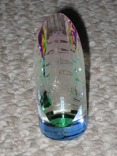 I am selling a Elegant Crystal Boat Sailboat Figurine with Chinese Characters - In Original Box in e...