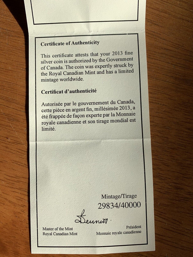 Grande pièce de 10 dollars en argent pur - avec certificat dans Art et objets de collection  à Ville de Montréal - Image 3
