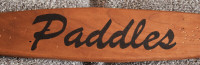 HANDMADE WOODBURNED PADDLE SIGN ON OLD CHERRY CANOE THWART
