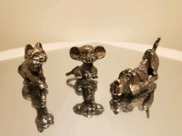 Trio of Miniature Metal Figurines Mouse Cat Dog Silver Colored 