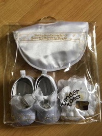 Baby shoes head wrap and bib $20, white, new in package