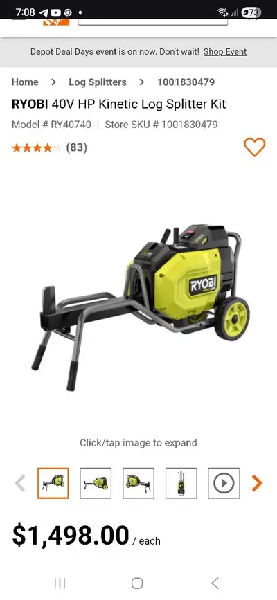Ryobi 40V Kinetic Log Splitter, View more