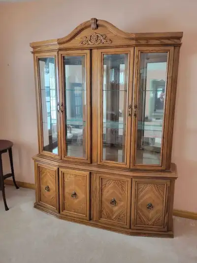 Display/ china wall cabinet from Arrese Brothers. Height at centre 81" Width 64" Depth 17" Glass fro...