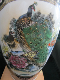 24" CHINESE PROCELAIN VASE - JAPANESE SATSUMA DESIGN - PEACOCK