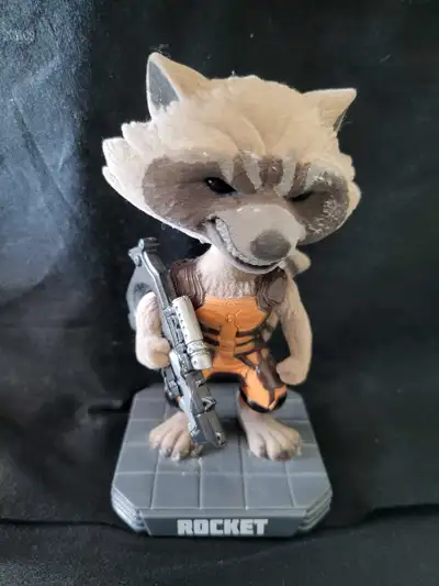 Up for grabs is this Flocked Guardians of the Galaxy Rocket Raccoon Bobblehead from Funko, a delight...