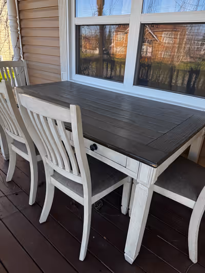 table & 4 chairs, need a good cleaning; would be perfect for a cottage or she shed!