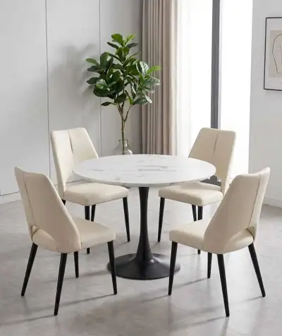 Round White Marble Dining Table with Black Base and Beige Chairs, View more