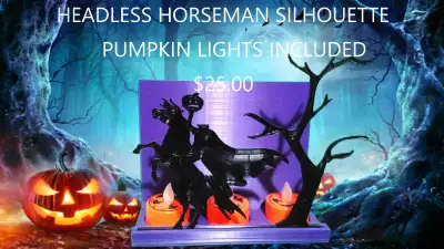 Sleepy Hollow-inspired Headless Horseman Silhouette with pumpkin lights included. Great for Hallowee...