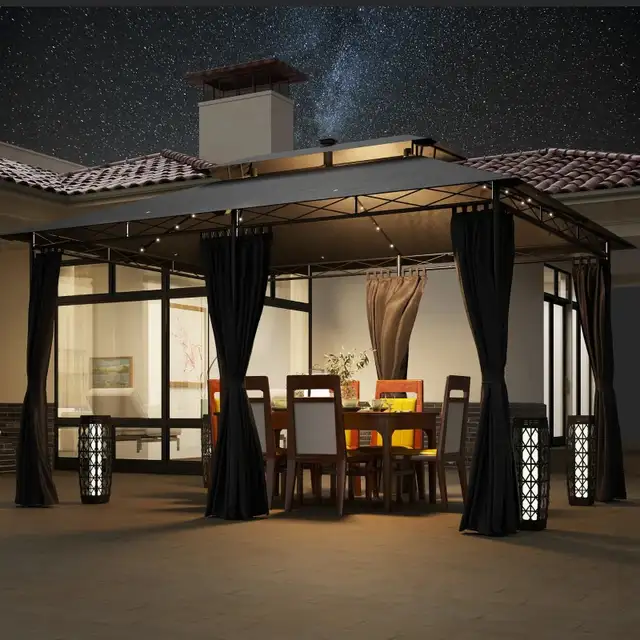 10' x 13' Outdoor Gazebo with Curtains and Solar-Powered LED Lig in Patio & Garden Furniture in Markham / York Region - Image 2