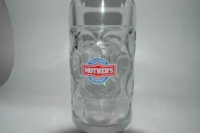 Vintage 1 liter glass beer stein from the defunct Mothers Pizza restaurant chain. This heavy glass b...