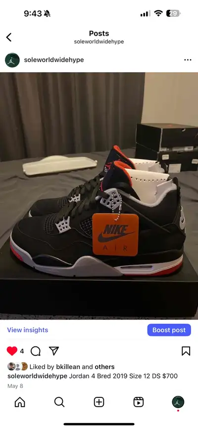 Jordan 4 Bred 2019 Size 12 DS $700 IG: @SoleWorldWideHype 100+REVIEWS