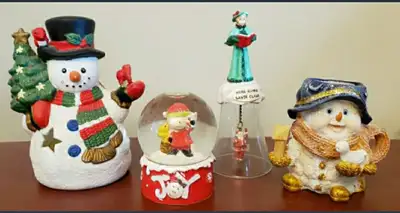 Two snowman tea light holders Elf Snowglobe Caroler bell $5 for all Located in Midland
