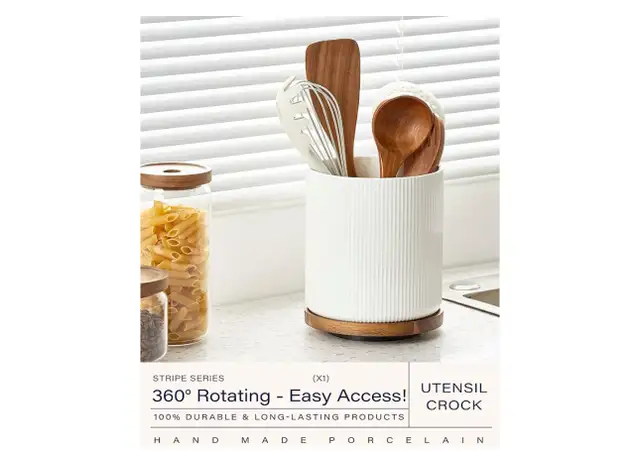 White Porcelain Utensil Crock with Rotating Wooden Base in Kitchen & Dining Wares in Ottawa - Image 3