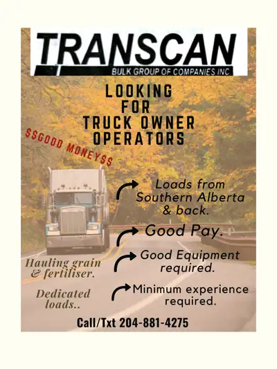 Transcan Bulk Group of Companies Inc. is looking for Truck Owner Operators to join Asap:- - Opportun...