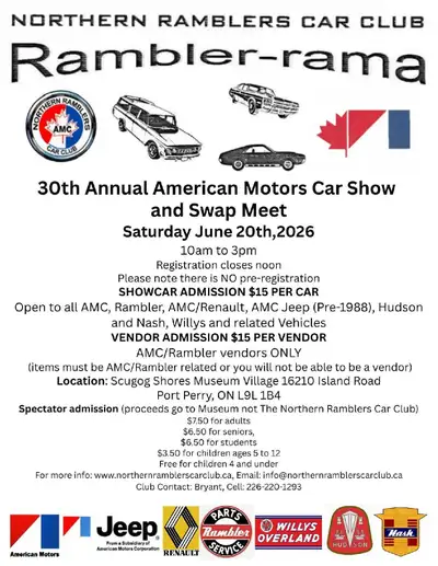 American Motors AMC/Rambler Carshow Saturday June 20th 2026, View more